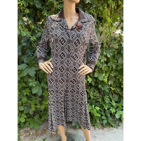 60s 70s Francoise Desarbre Wool Blend Knit Dress Brown Ivory Geometric France - Picture 2 of 16